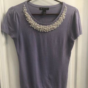 Short Sleeve Beaded Pearl Necklined Sweater top